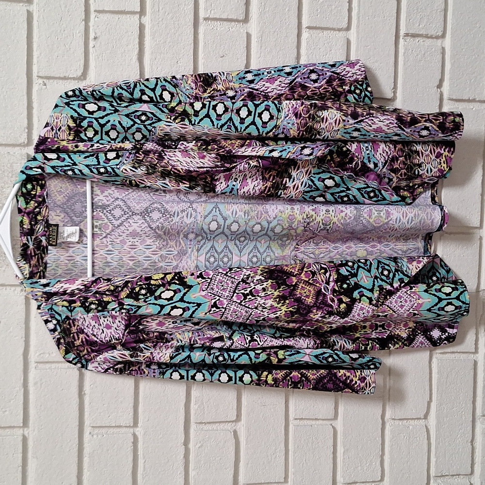 Salon Studio Vibrant Geometric Patterned Open Front Cardigan. Size Petite Large